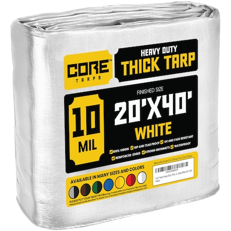 Heavy Duty Tarp, 40 ft L x 0.5 mm H x 20 ft W, 10 Mil, White, Polyethylene
